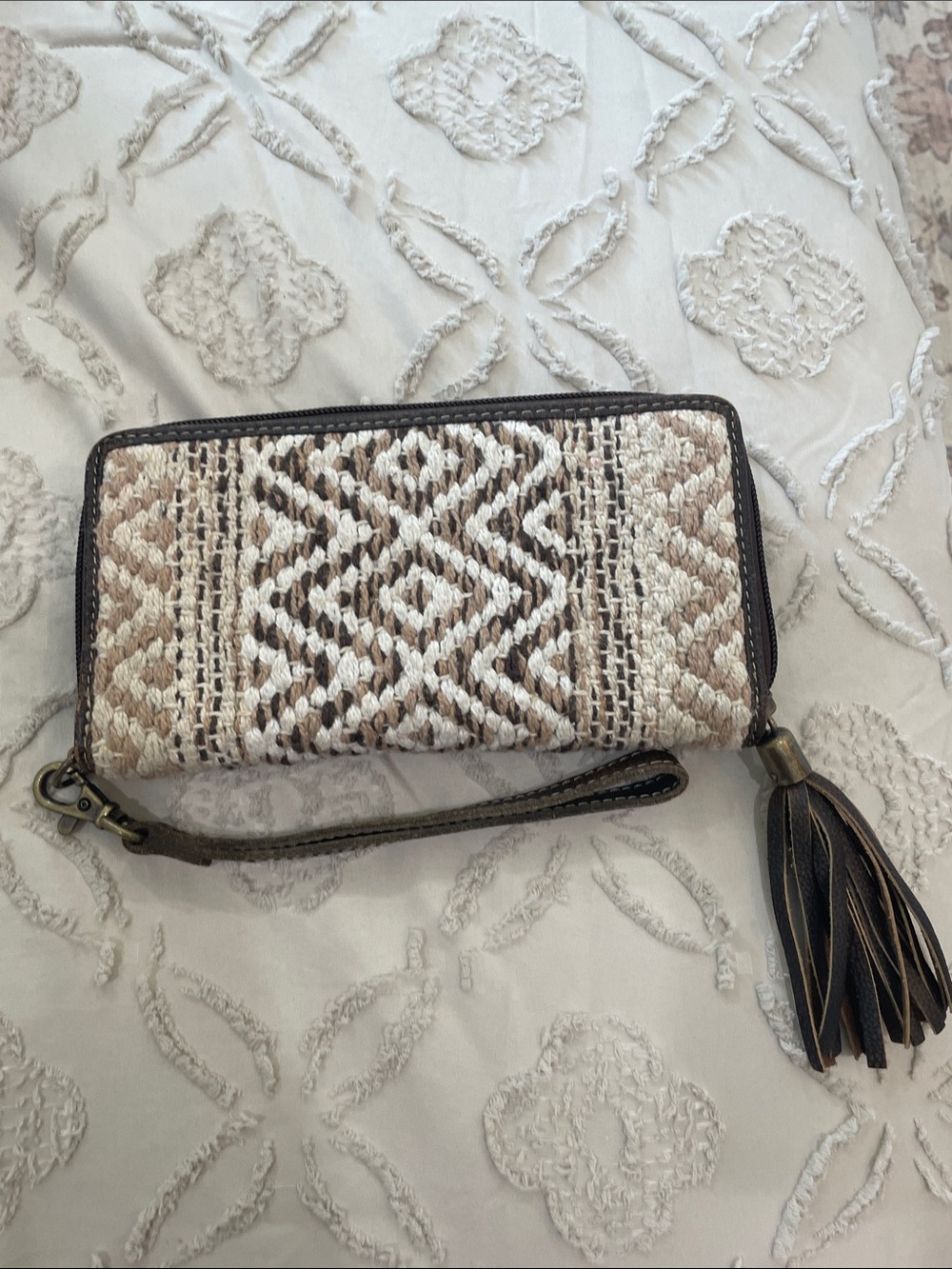 Myra Woven Boho Wristlet Wallet in Beige and Brown